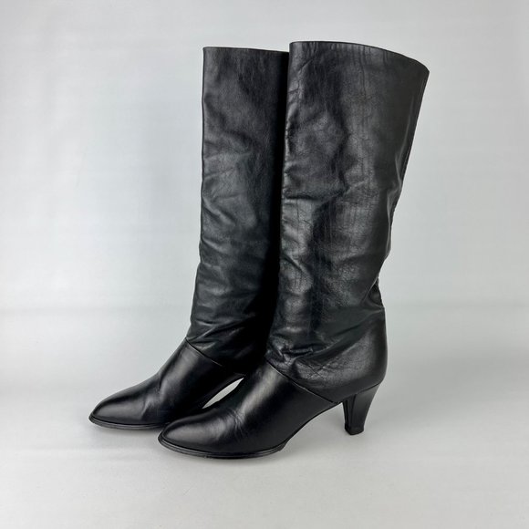 Joyce Vintage Womens Narrow Black Leather Tall Heeled Boots Vtg 80s size 7N - Picture 3 of 16